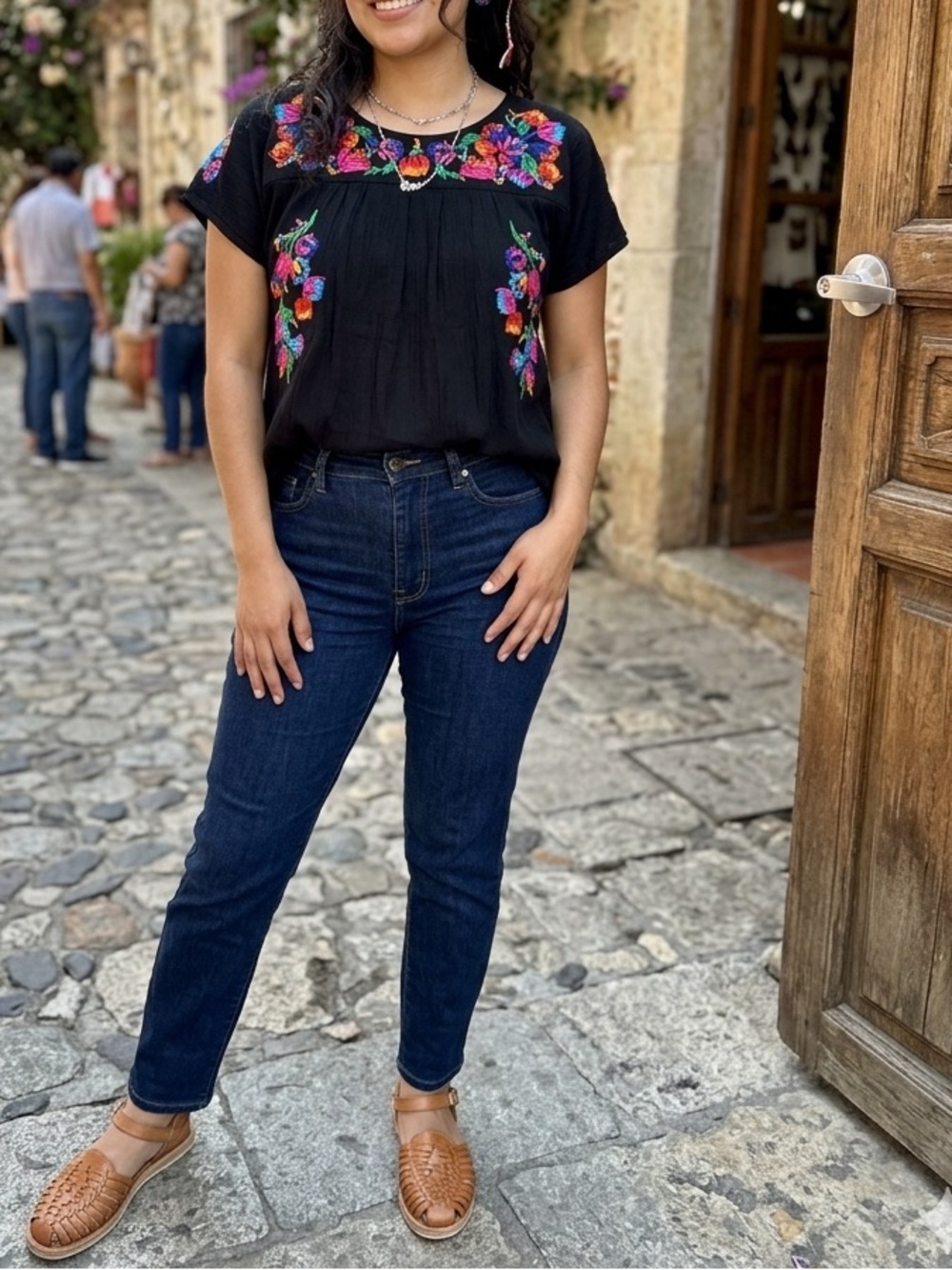 Black Embroidered Floral Short Sleeve Tunic